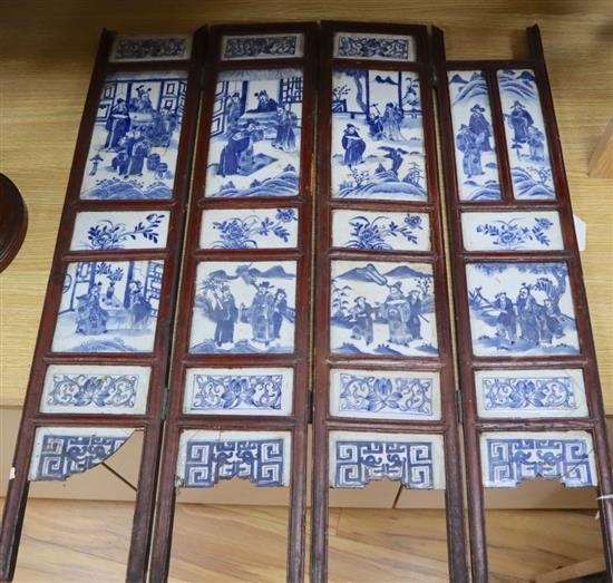 A Chinese blue and white porcelain four-fold low screen, 19th century, height 82cm, losses and damage